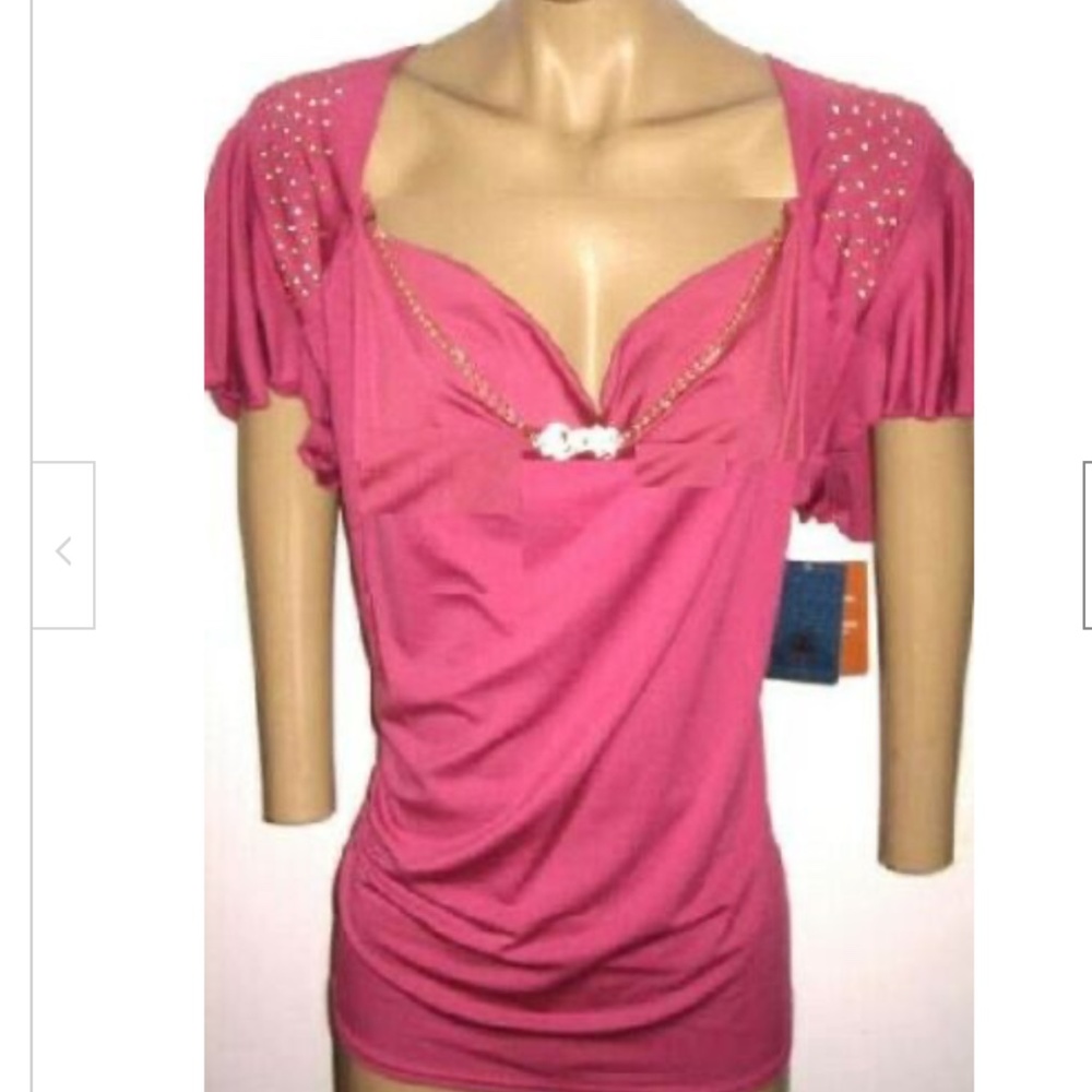 NEW Flutter DEREON cowl necklace chains Gold PINK Top Blouse 1X 14 16